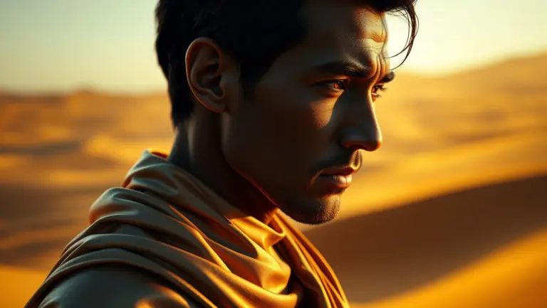 Man in silk, desert backdrop, cinematic lighting.