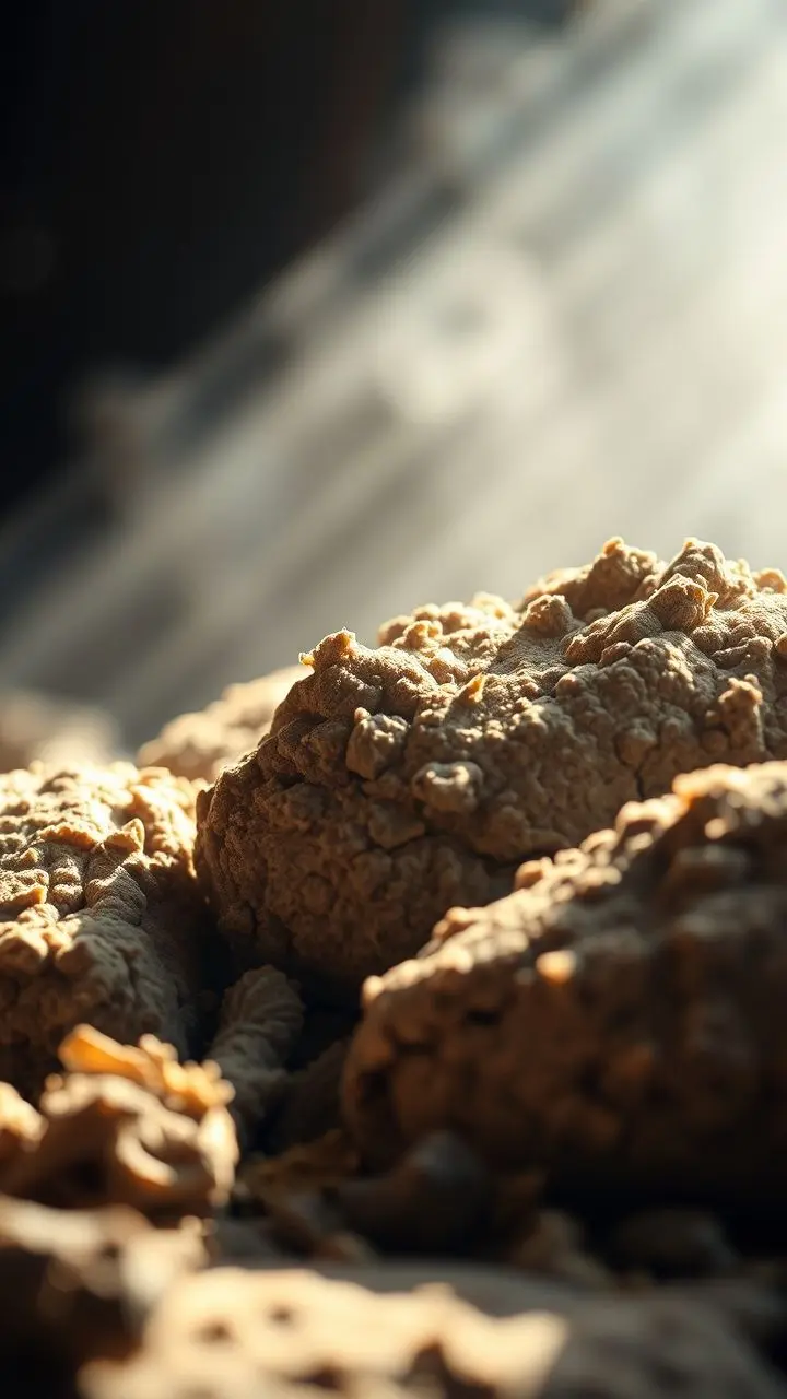 Close-up of fermented sheep manure with volumetric lighting.