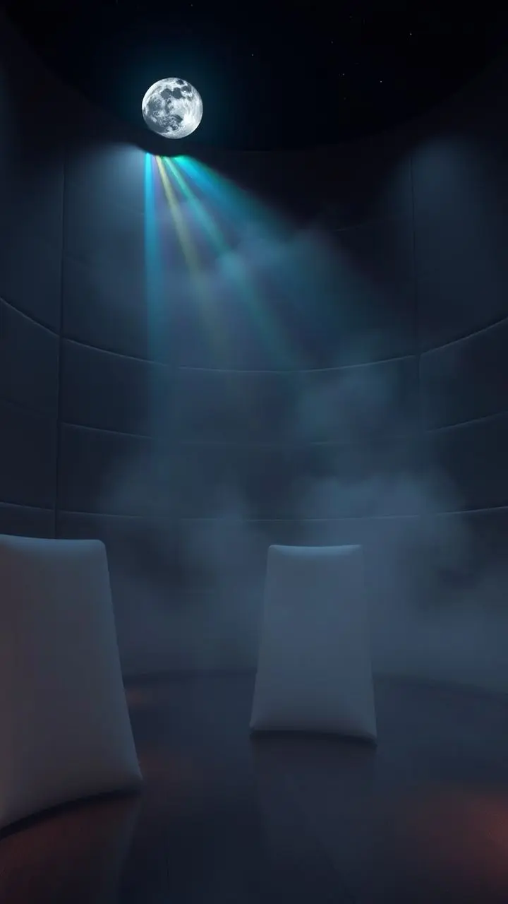 Interior with acoustic panels under a moonbow sky.