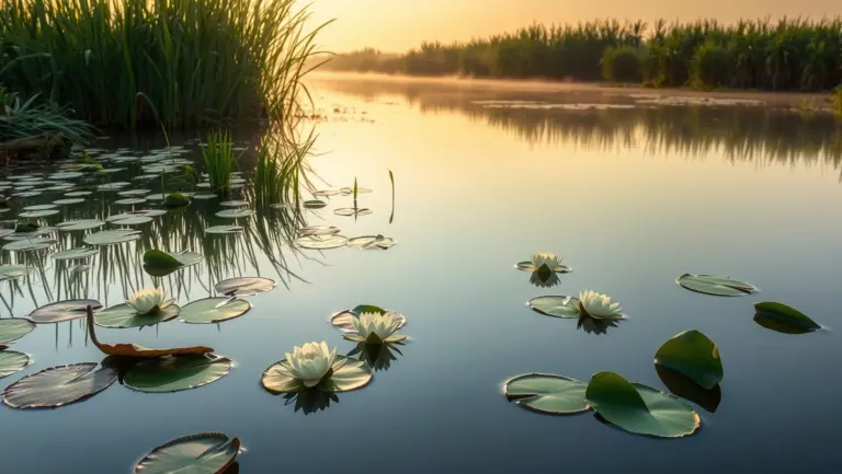 Tranquil river delta with water lilies at sunrise.