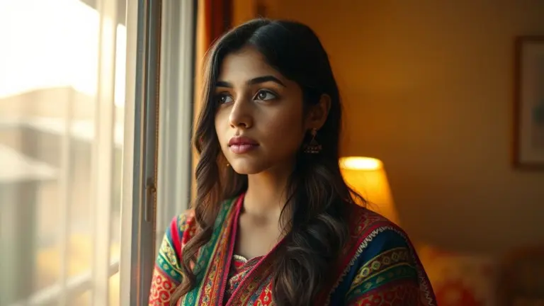 Photorealistic portrait of a South Asian woman looking out a window.
