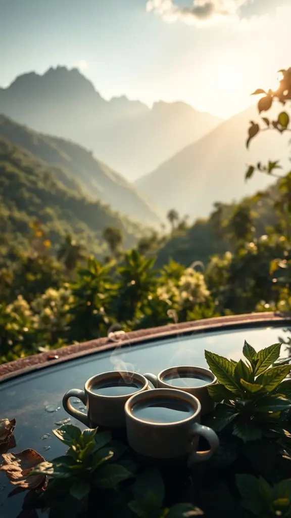 Mountain coffee farm with steaming coffee cups and reflections.
