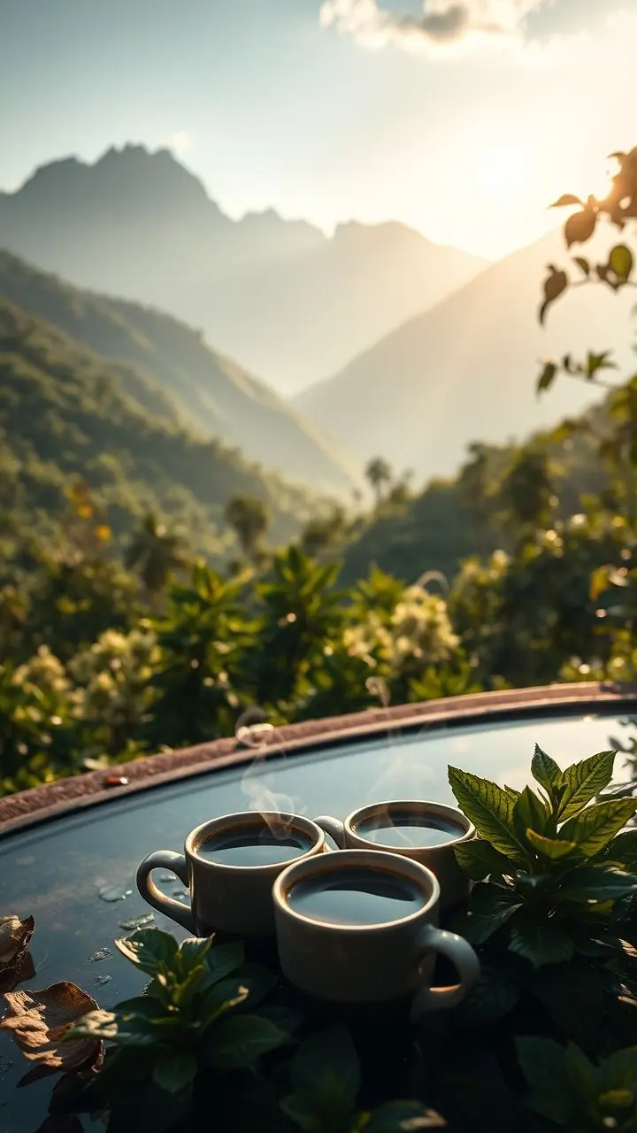 Mountain coffee farm with steaming coffee cups and reflections.