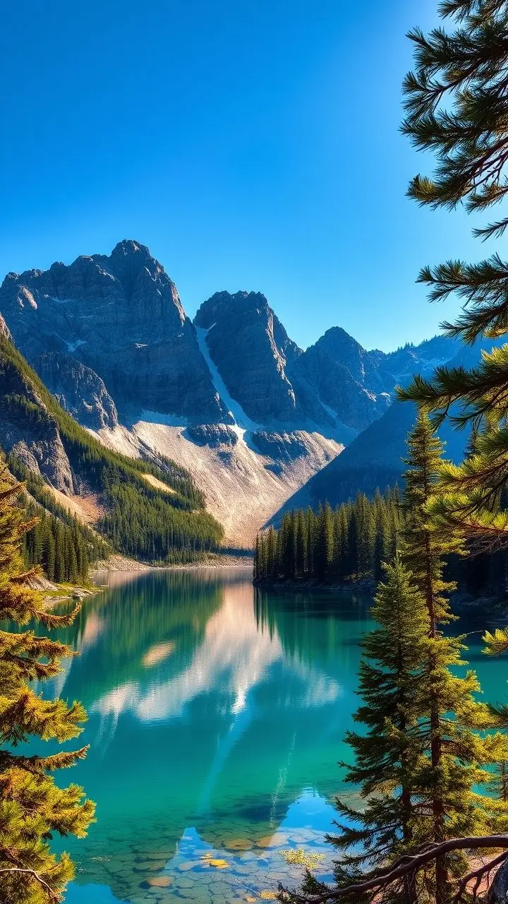 Mountain lake reflection of sky and forests.