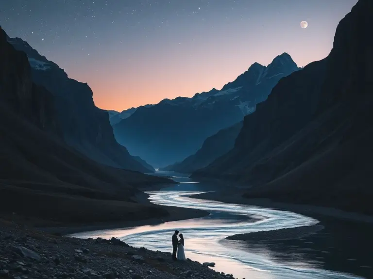 Couple by mountain river at dusk