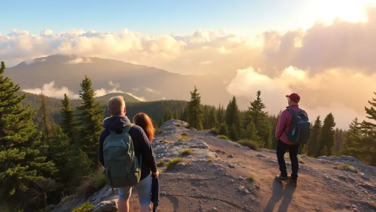 Adventurers observing mountain view.
