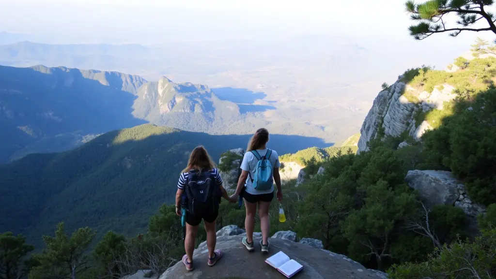Two hikers rest at a mountain overlook, enjoying the scenic view.