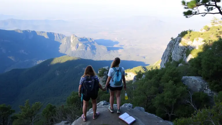 Two hikers rest at a mountain overlook, enjoying the scenic view.