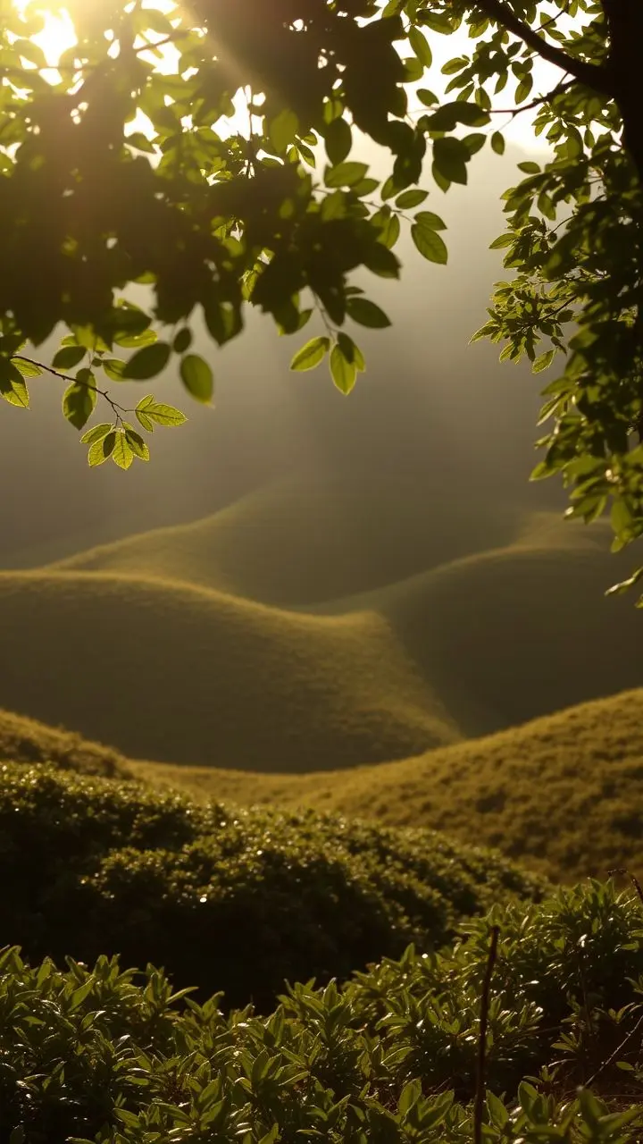 Serene landscape with green hills and vignetting.