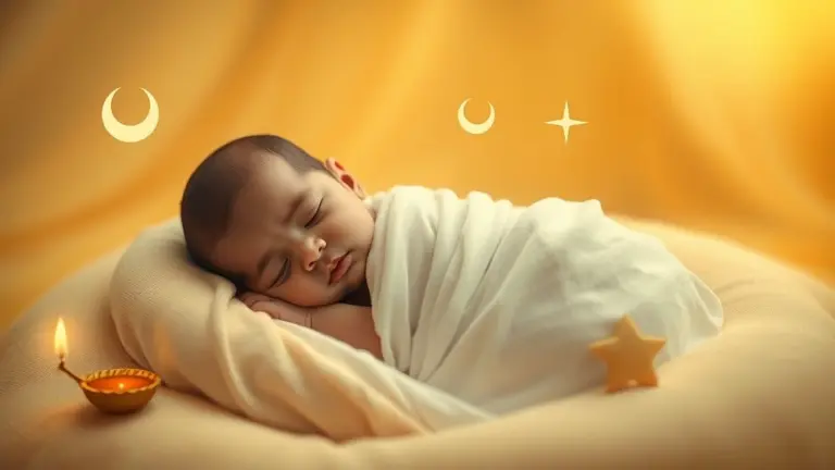 Newborn baby sleeping peacefully, surrounded by spiritual symbols.