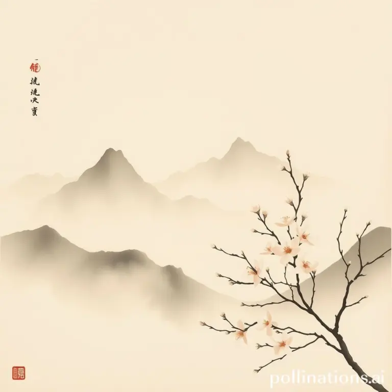 Ink wash painting of pale plum blossoms on misty mountains in sepia.