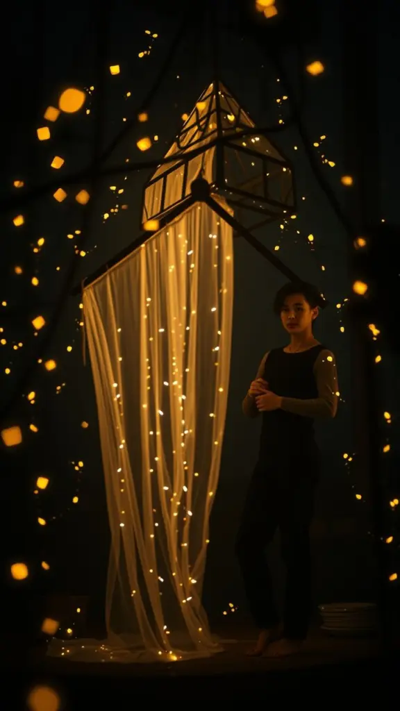 Jamie in a calm retreat with glowing fireflies.