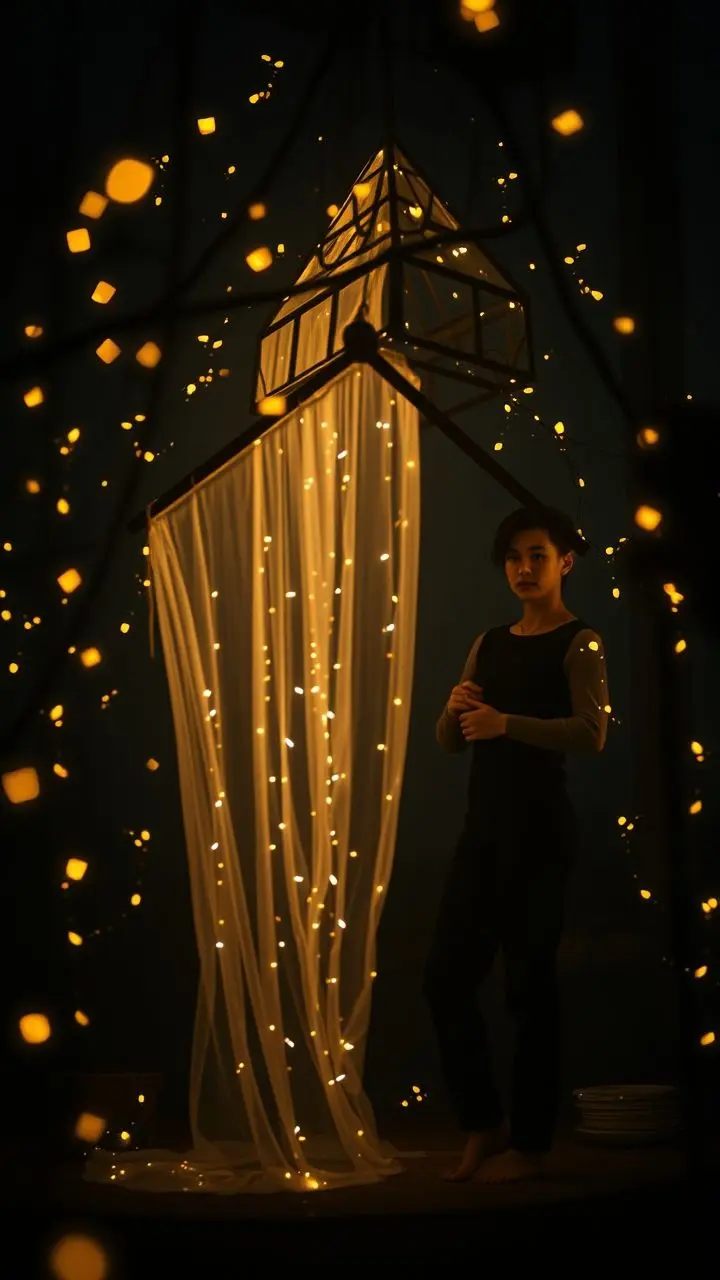 Jamie in a calm retreat with glowing fireflies.