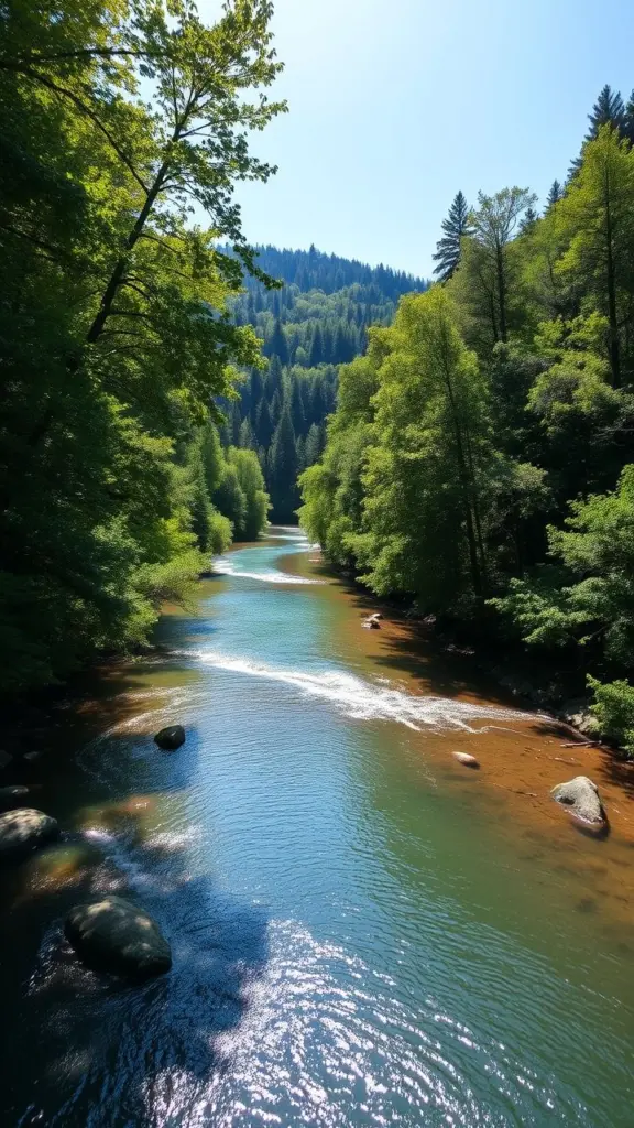 A wide-angle view of a river flowing through a green forest.