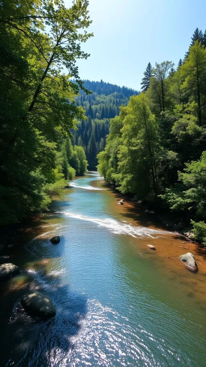 A wide-angle view of a river flowing through a green forest.