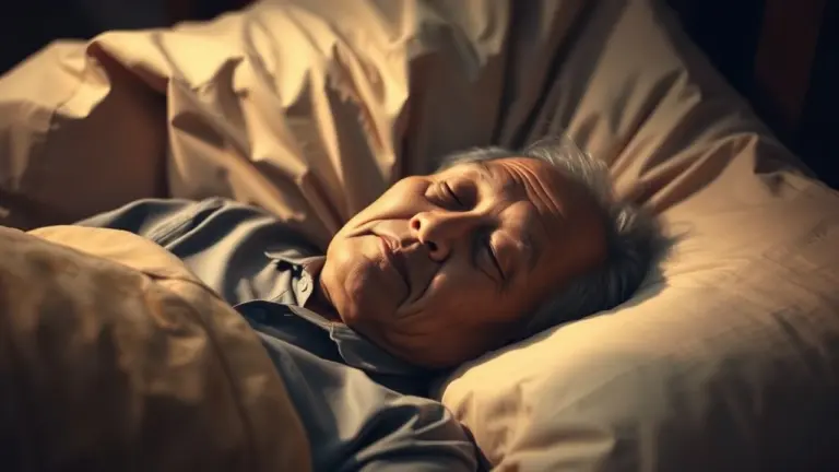 Elderly Asian man sleeping peacefully in bed with soft lighting.