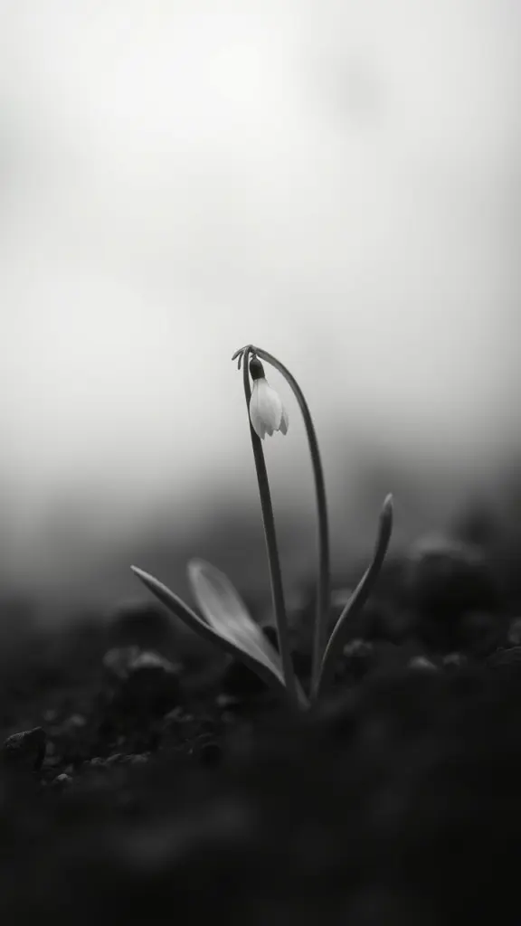 Monochrome snowdrop blooming in foggy mist by calm tide.