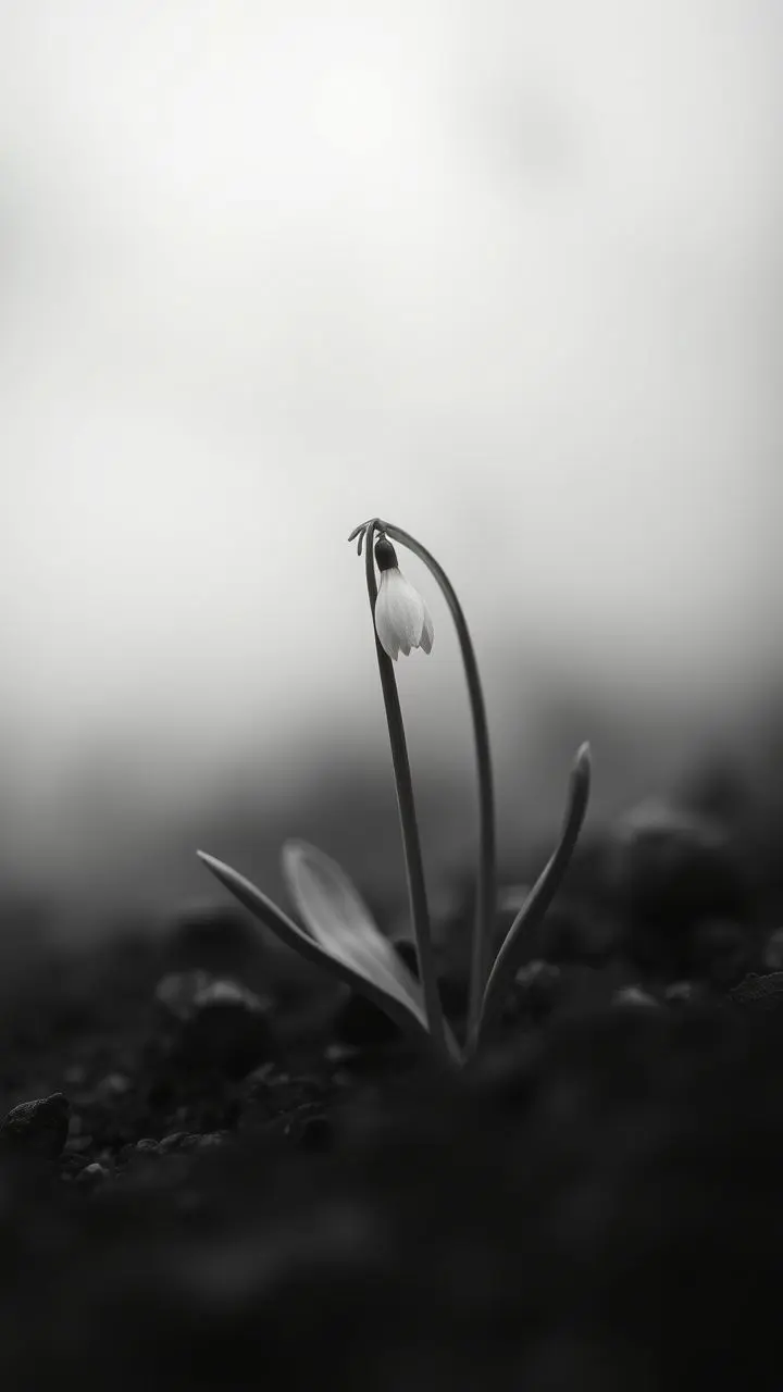 Monochrome snowdrop blooming in foggy mist by calm tide.