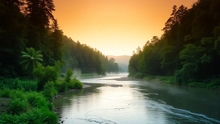 River valley at sunset with forest and mist