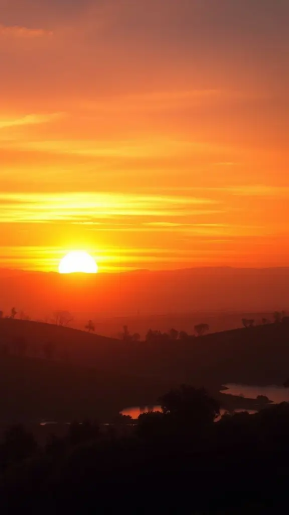 Digital painting of a serene sunset over hills with silhouetted trees and water.