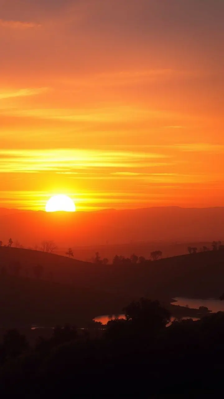 Digital painting of a serene sunset over hills with silhouetted trees and water.