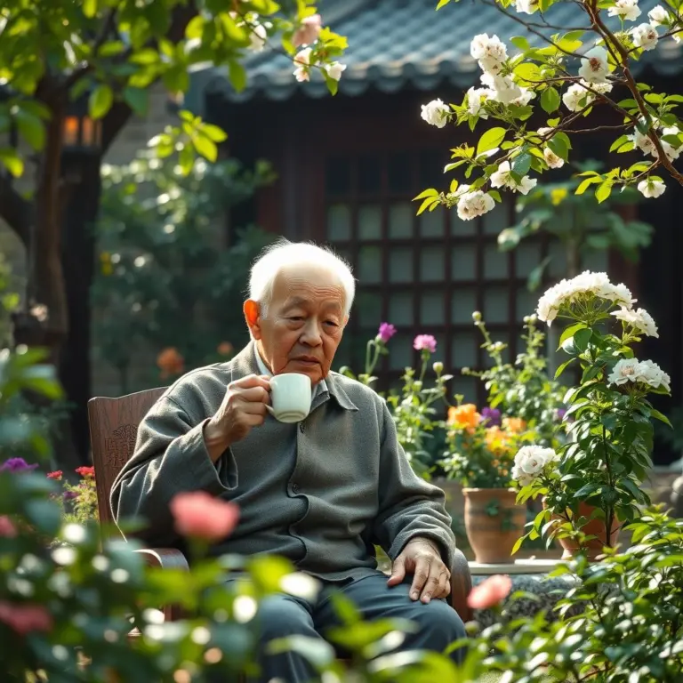 Elderly man drinking tea in a Chinese garden