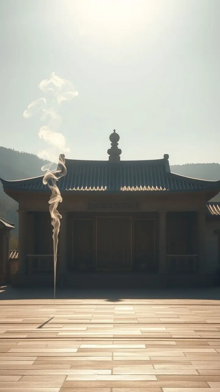 A calm temple landscape with incense smoke and light effects.