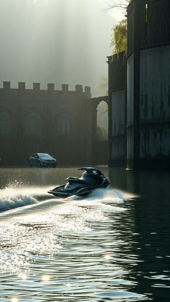 Jet ski on tranquil water with Gothic horror walls.