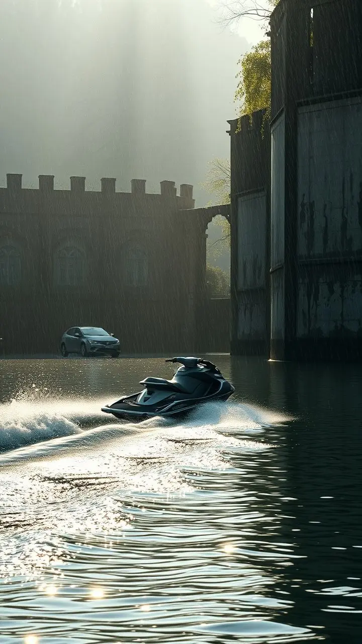 Jet ski on tranquil water with Gothic horror walls.