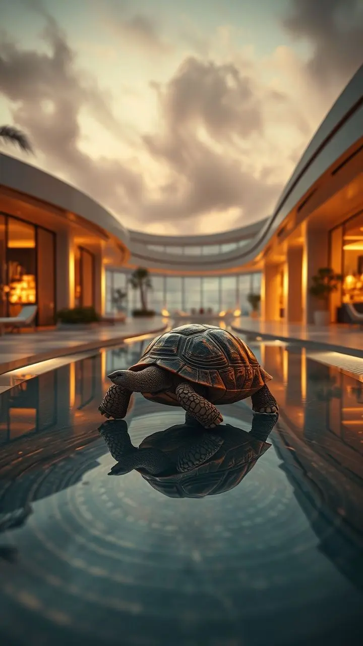 Photorealistic tortoise in a boutique with sandstorm and pools.