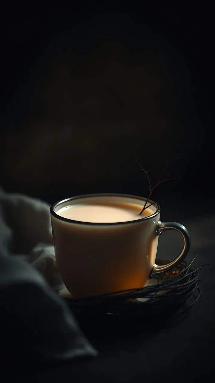 Glowinlg cup of tremella mushroom and soybean milk next to a bird's nest, moody background.