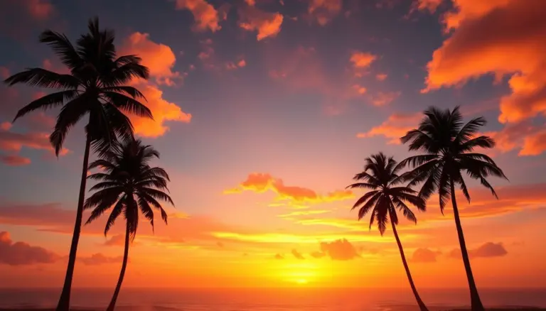 Tropical island sunset with palm trees and mist.