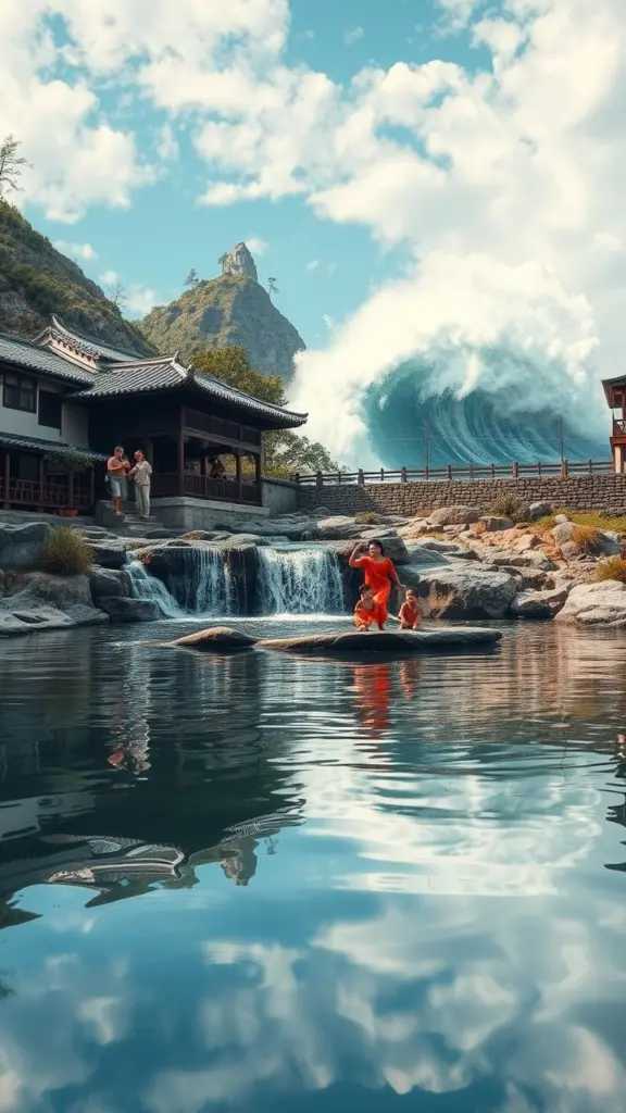 Family by a waterfall with large waves, surreal art.