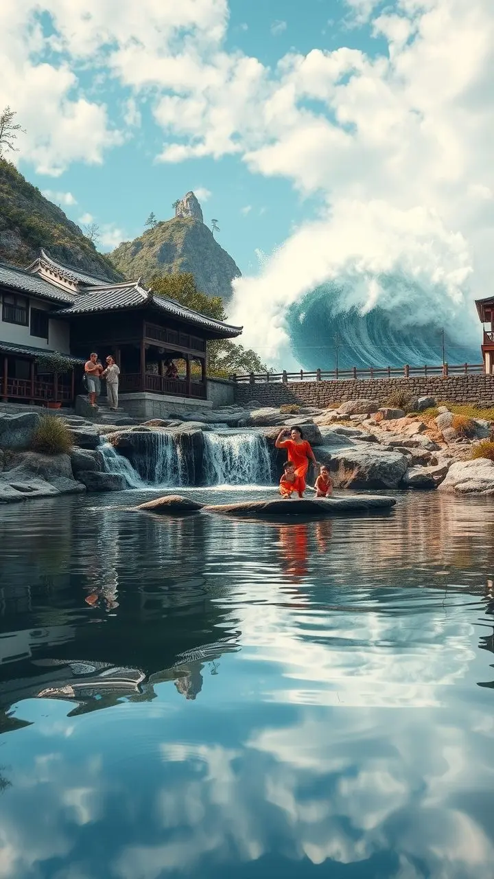 Family by a waterfall with large waves, surreal art.