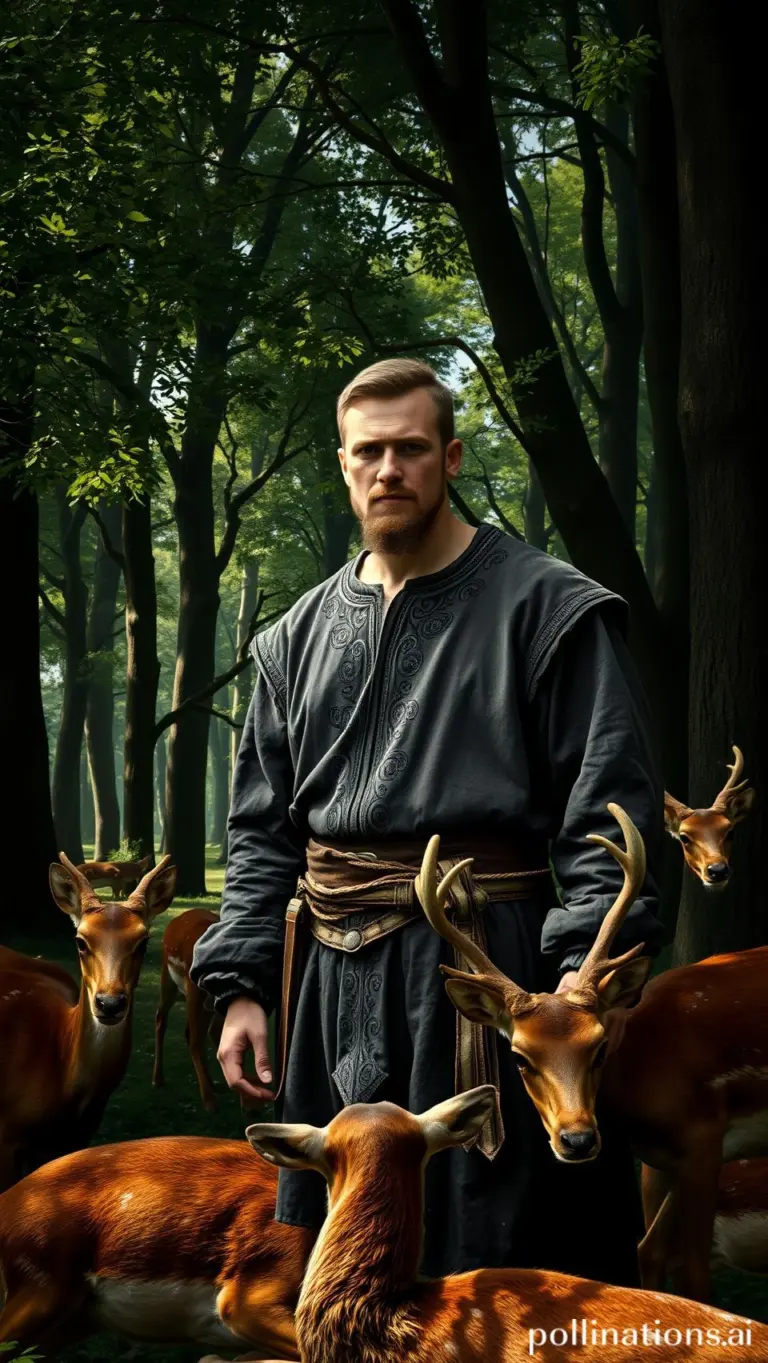Hyperrealistic medieval man with deer in a forest, black background.