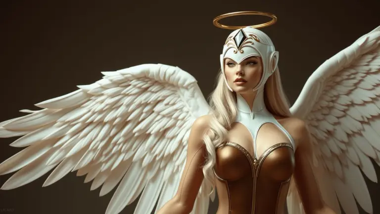 Blonde yoga angel in suit with headgear.