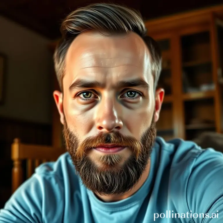 Digital portrait of a man with a beard and short hair, looking seriously at the camera, wearing a blue shirt.