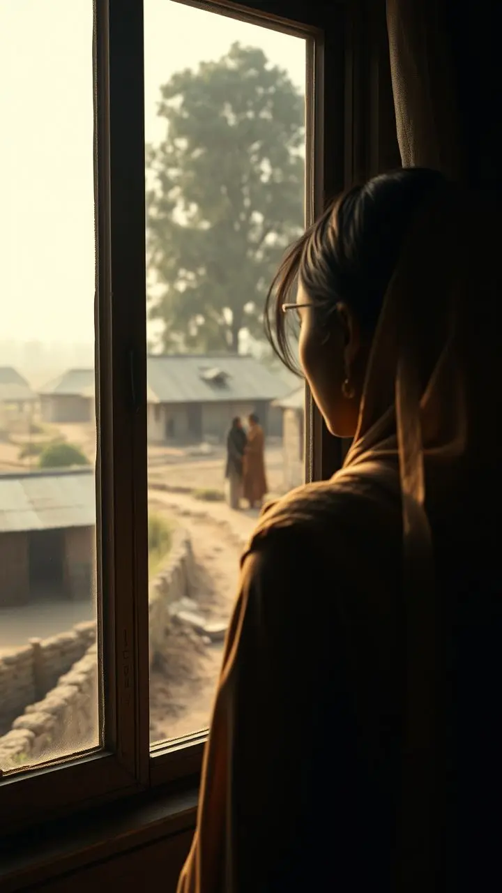 View from a window showing blurred figures in a village, conveying a mood of loneliness.