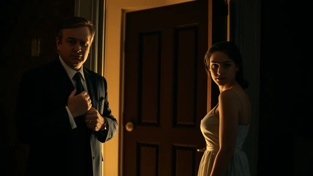 Two people emerging from a doorway, one confident, one vulnerable.