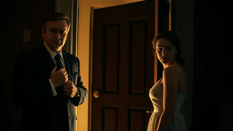 Two people emerging from a doorway, one confident, one vulnerable.