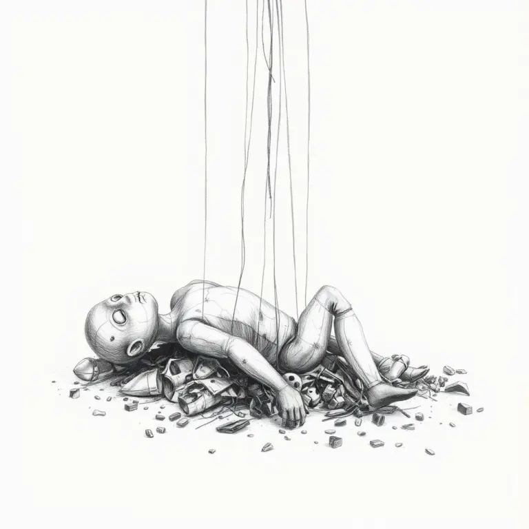 Charcoal drawing of a broken marionette lying in pieces.