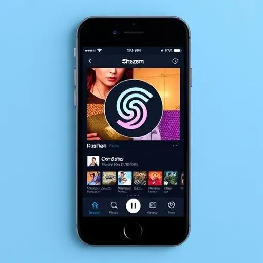 Shazam app logo and interface on a phone screen.