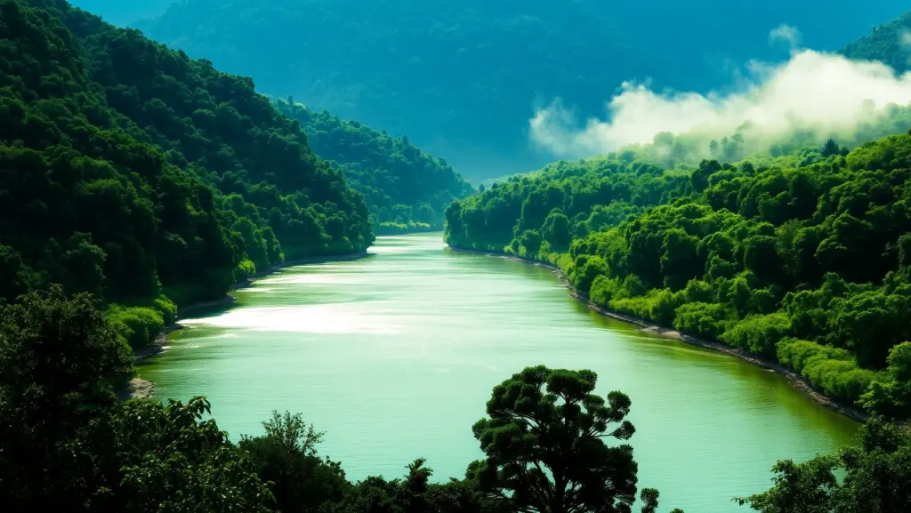 Serene river flowing through a green forest valley with sunlight filtering through trees.