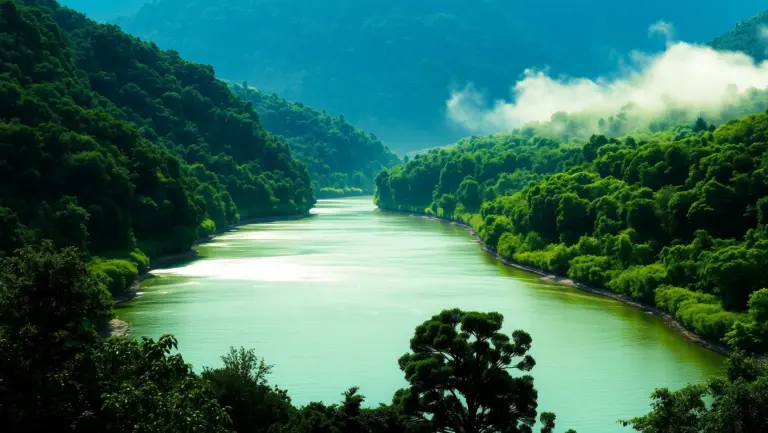 Serene river flowing through a green forest valley with sunlight filtering through trees.