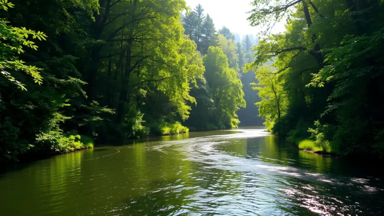 Serene river flowing through a dense forest with sunlight filtering through trees.