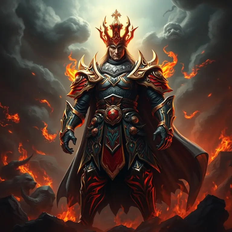 Warrior king in glowing armor and crown, fiery background.