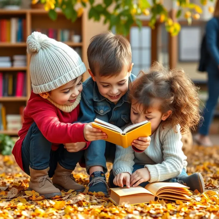 Siblings searching for a yellow book, happy expressions.