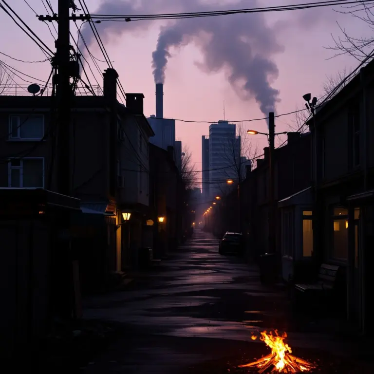 A quiet city at night with fading embers.
