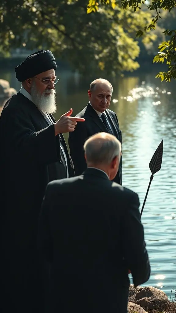 Khamenei and Putin watching Trump by a pond, with shadows and a flaming arrow.