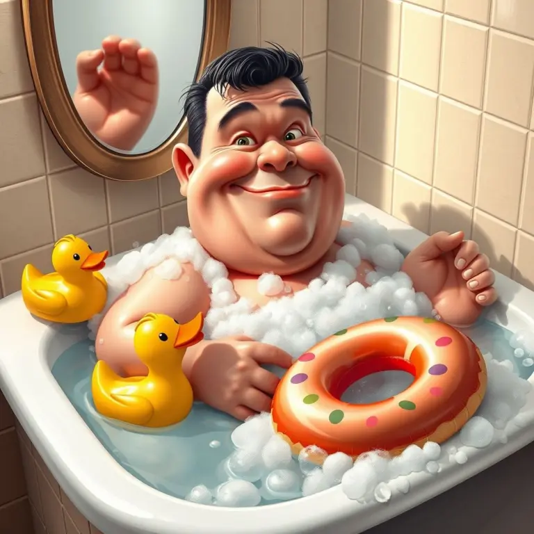 Chubby man with silly expression in a bubble bath, rubber duck and donut float nearby, reflection in mirror.